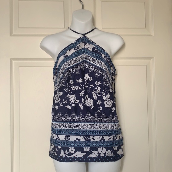 Ann Taylor Loft 100% Cotton Navy-Azure-White Halter Top - Picture 1 of 9